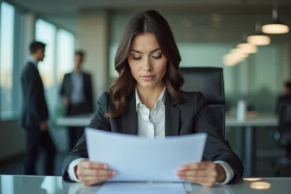 Femme d affaires en r&eacute;union lisant des documents importants