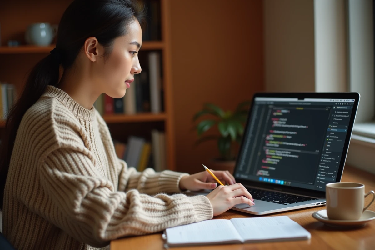 Femme apprenant une nouvelle compétence numérique sur un ordinateur portable dans un bureau à domicile avec un carnet de notes hebdomadaire