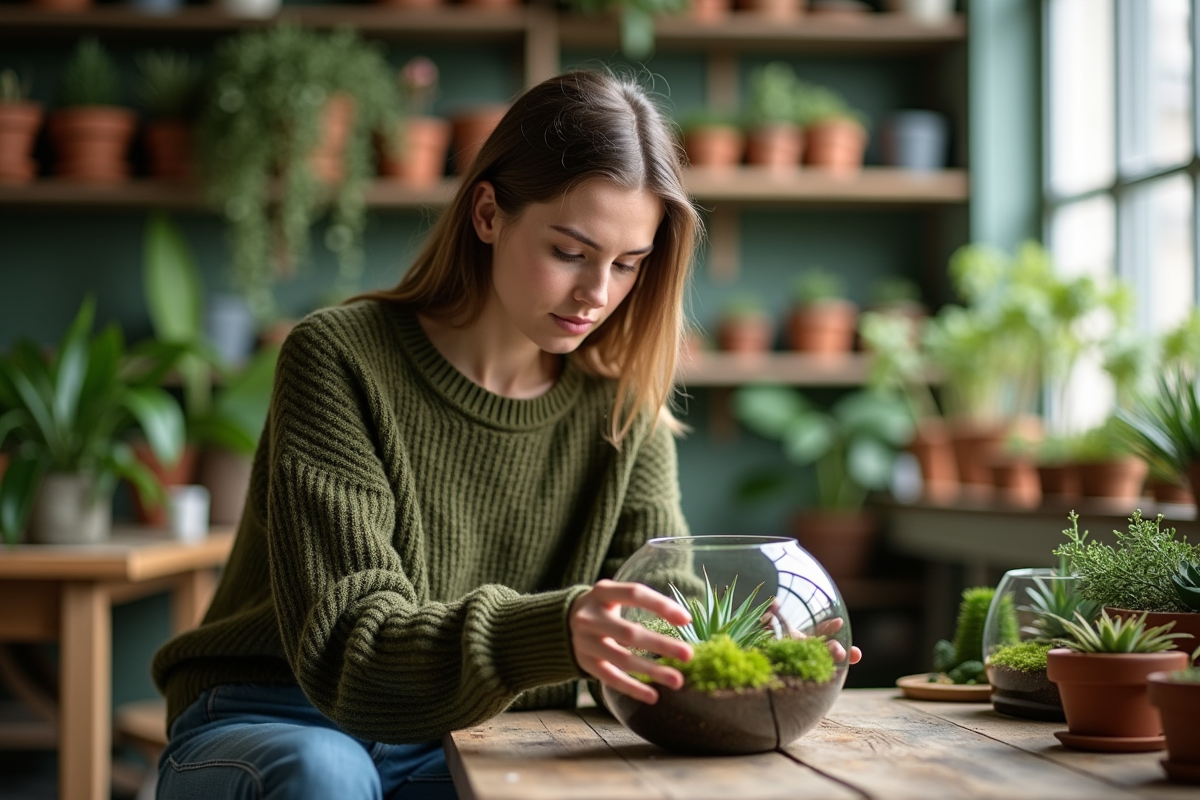 Jeune femme dans un atelier de terrarium avec plantes vertes