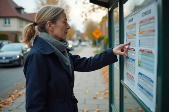 Femme d'âge moyen vérifiant un horaire de bus à l'arrêt