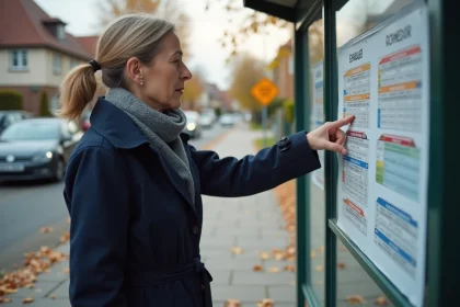 Femme d'âge moyen vérifiant un horaire de bus à l'arrêt