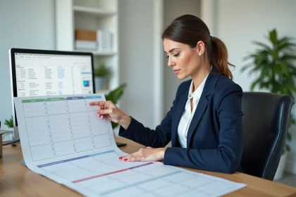 Femme professionnelle consultant un calendrier des semaines paires 2025 et 2026 dans un bureau moderne