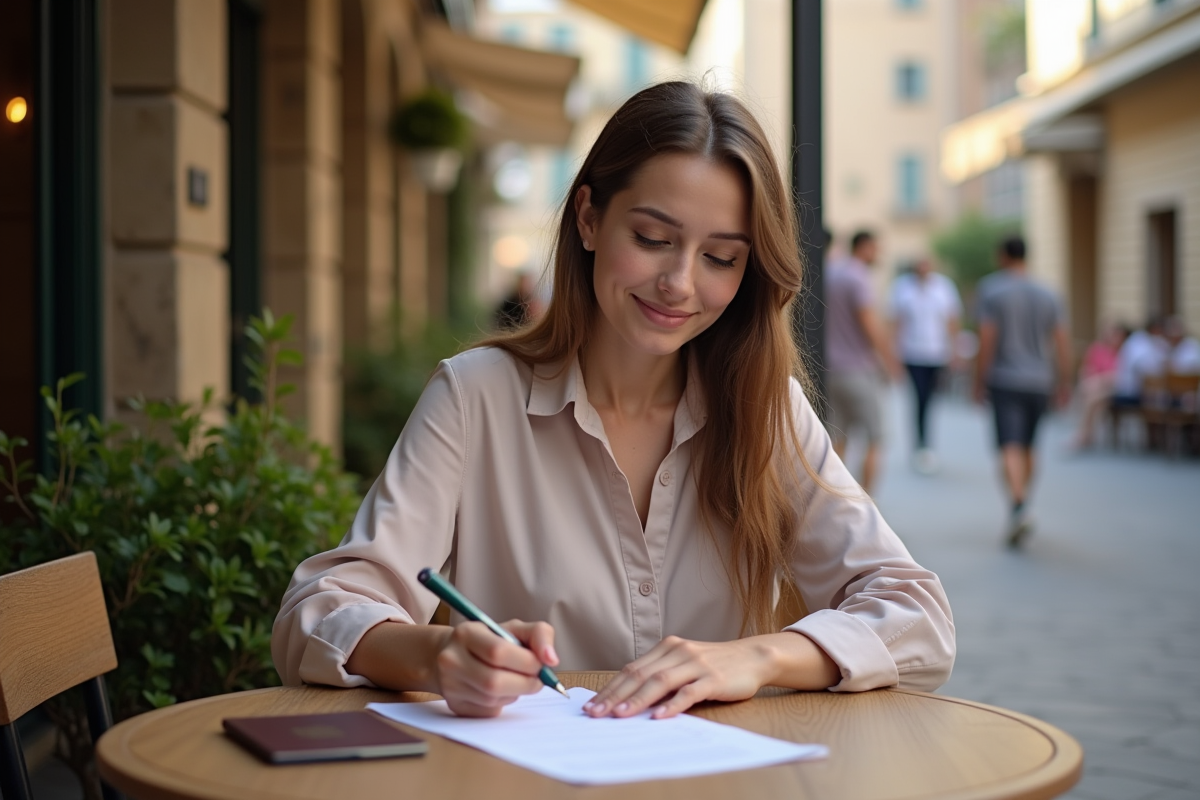 Jeune femme signant des papiers dans un café européen