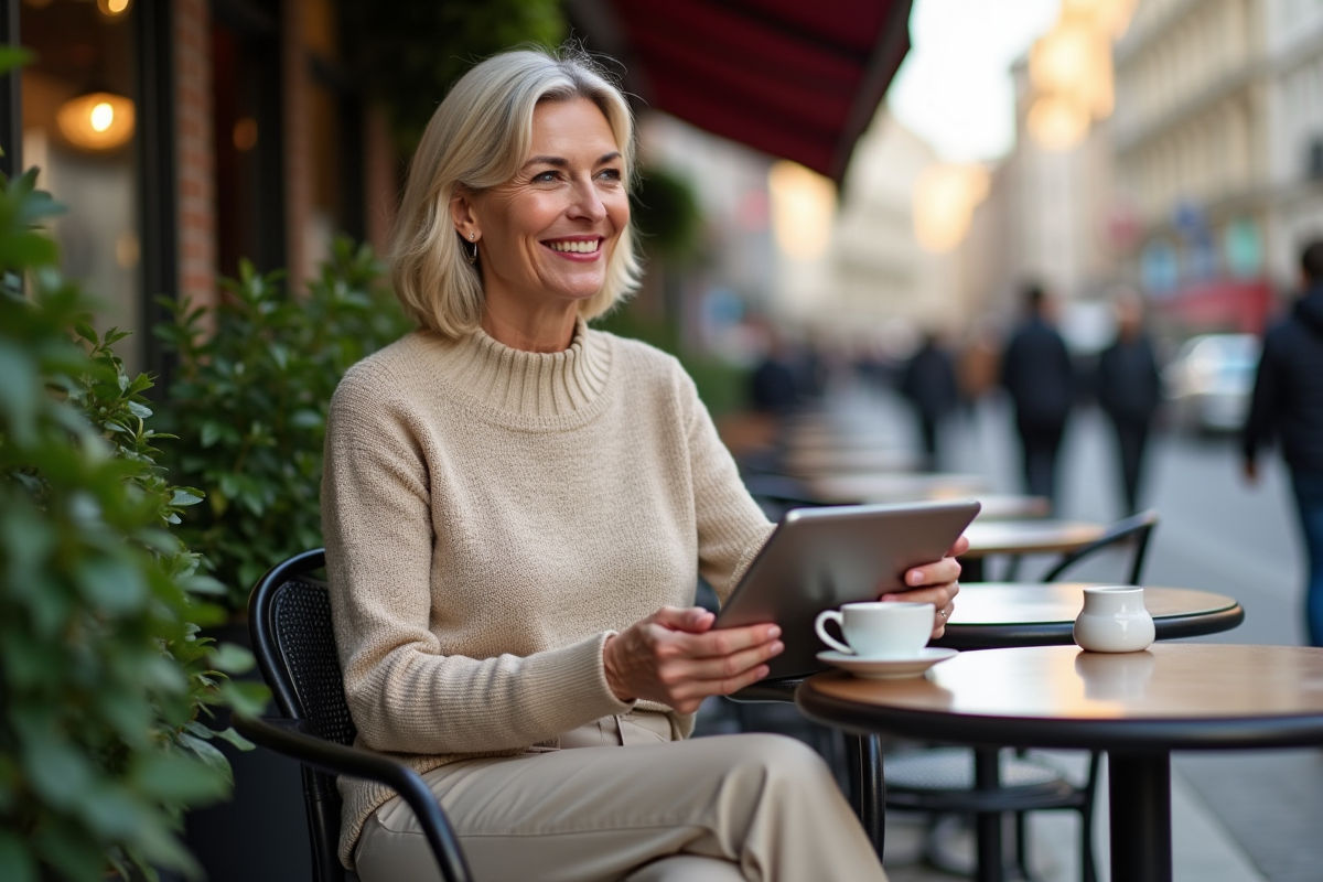 Femme souriante assise en terrasse de café avec tablette et café