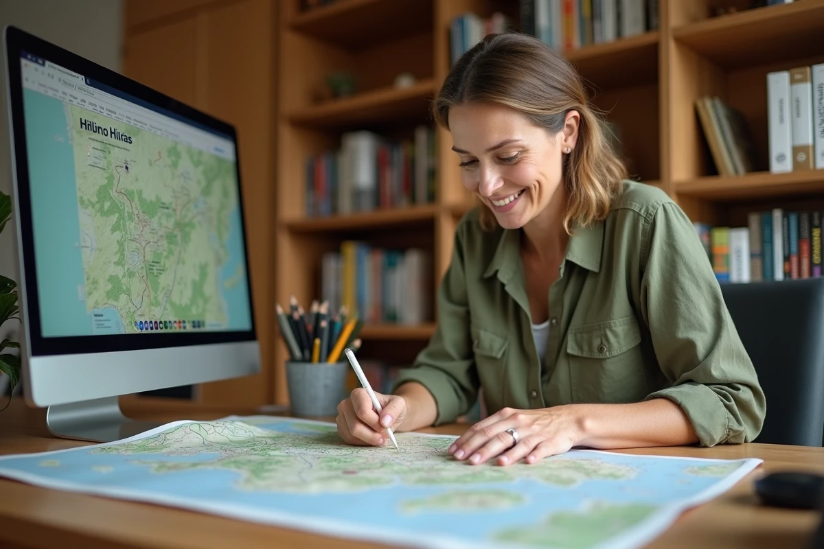 Femme consultant une carte IGN imprimée depuis le service Geoportail sur un bureau en bois avec un ordinateur affichant le site