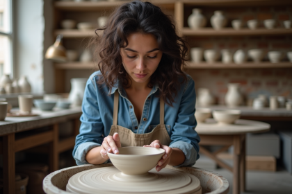 Jeune femme façonnant de l'argile dans un atelier parisien