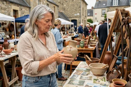 Femme chinant une vase en céramique vintage sur un vide-grenier en plein air dans le Morbihan