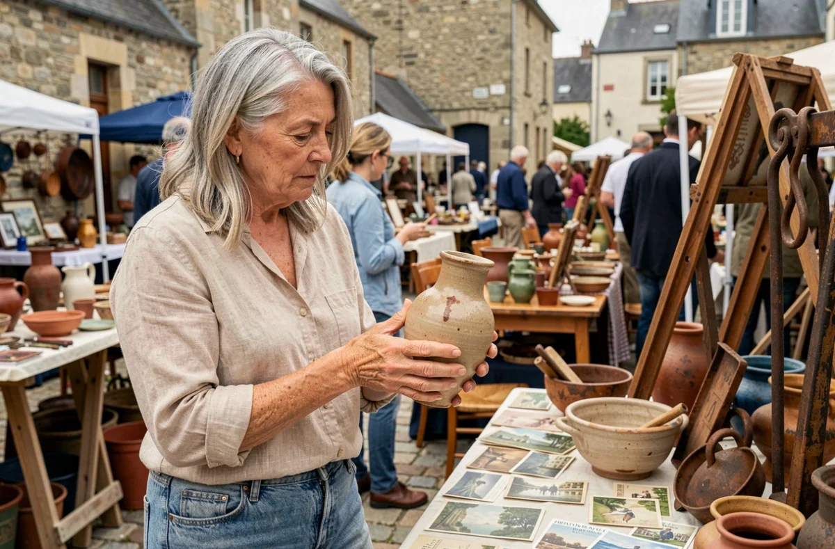 Femme chinant une vase en céramique vintage sur un vide-grenier en plein air dans le Morbihan
