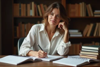 Femme écrivant des conjugaisons au futur simple dans un cahier de grammaire française à son bureau