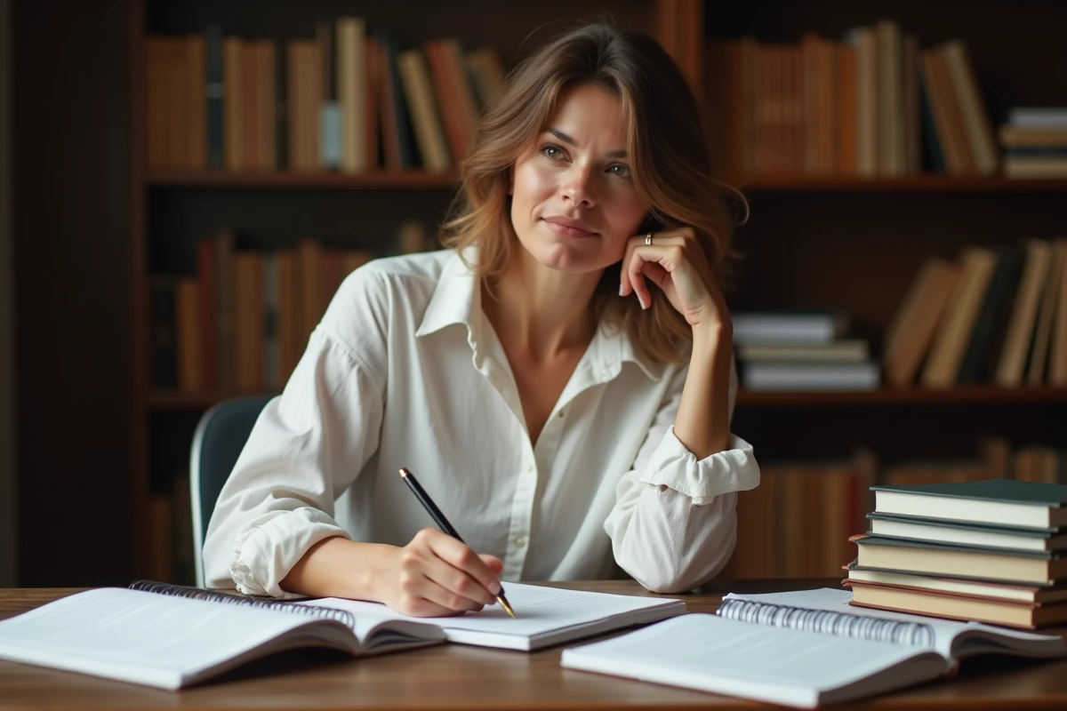 Femme écrivant des conjugaisons au futur simple dans un cahier de grammaire française à son bureau