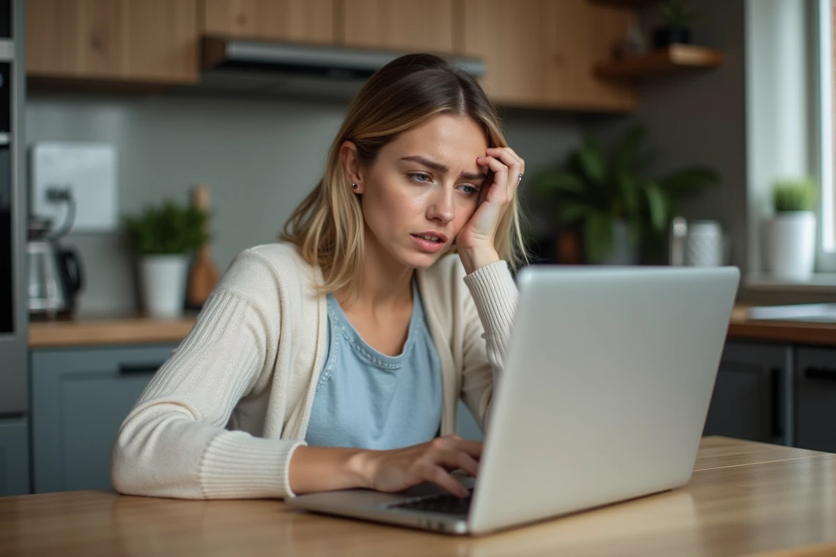 Femme assise à la cuisine avec son ordinateur portable