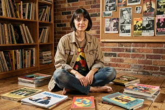 Jeune femme entourée de magazines indépendants et de zines dans un appartement bohème urbain, illustrant la culture engagée et alternative