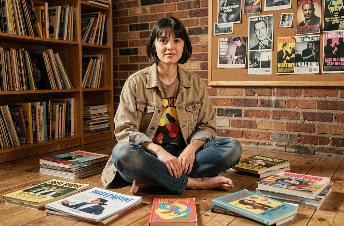 Jeune femme entourée de magazines indépendants et de zines dans un appartement bohème urbain, illustrant la culture engagée et alternative