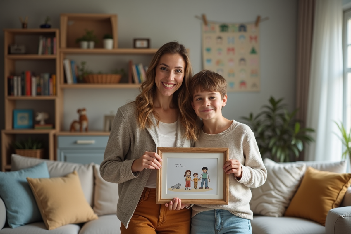 Femme et garçon tenant une photo de famille dans le salon
