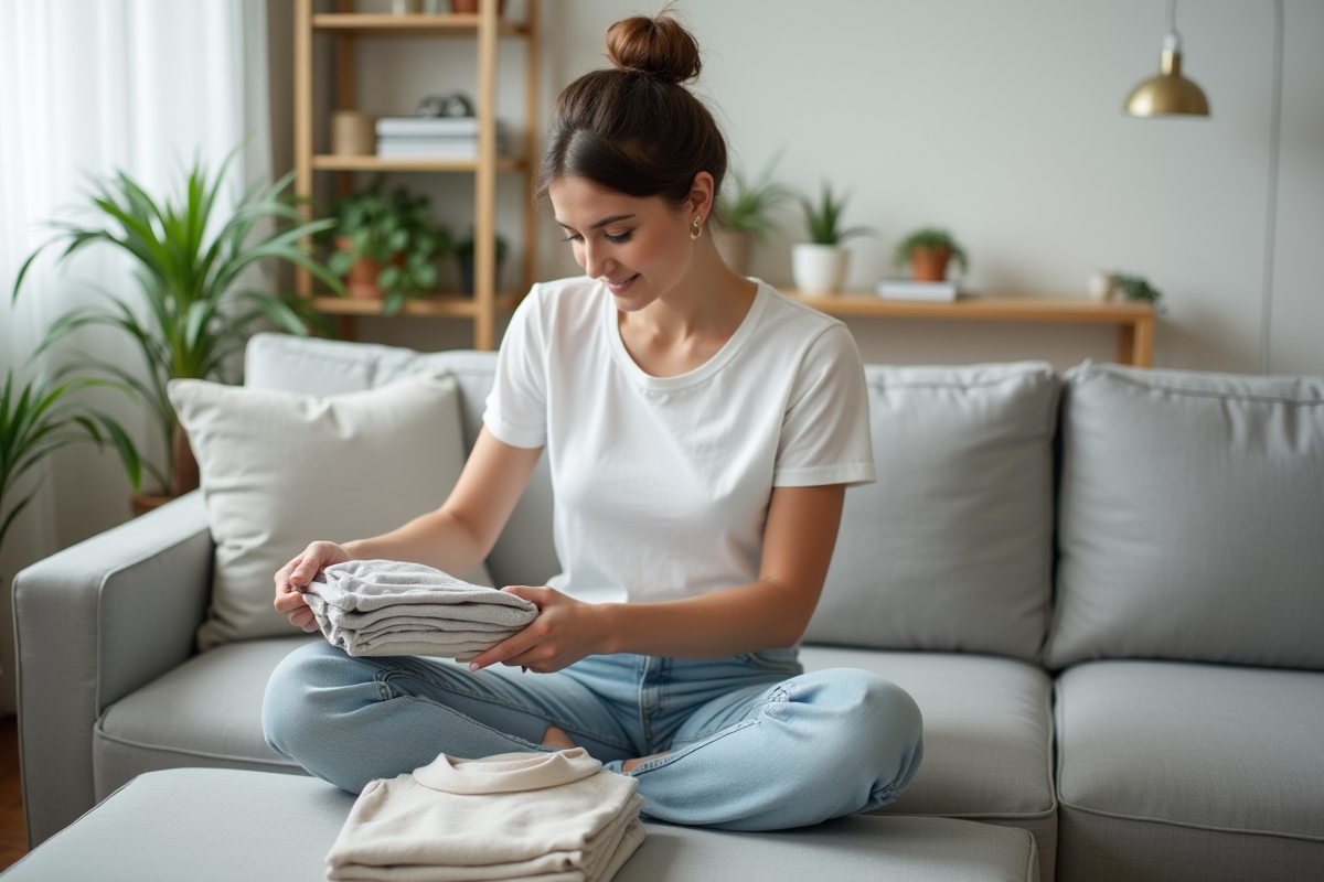 Femme assise pliant des vêtements minimalistes sur un canapé