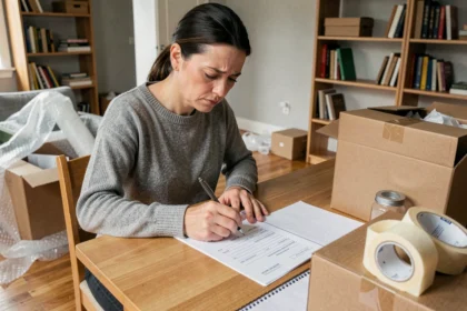 Femme remplissant un formulaire d'adresse avec le code postal de Boulogne-Billancourt lors d'un déménagement