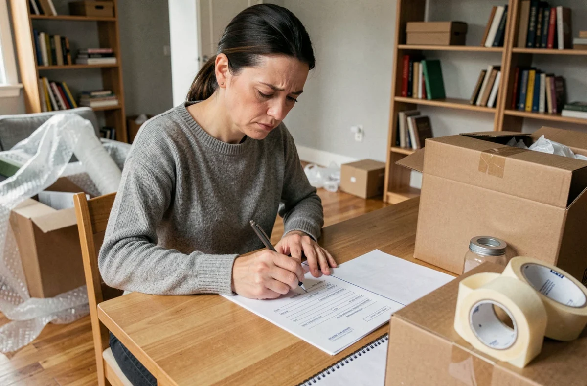 Femme remplissant un formulaire d'adresse avec le code postal de Boulogne-Billancourt lors d'un déménagement