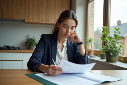 Femme réfléchissant à des documents de prêt immobilier