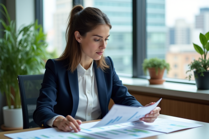 Femme professionnelle examine rapports ESG dans un bureau moderne