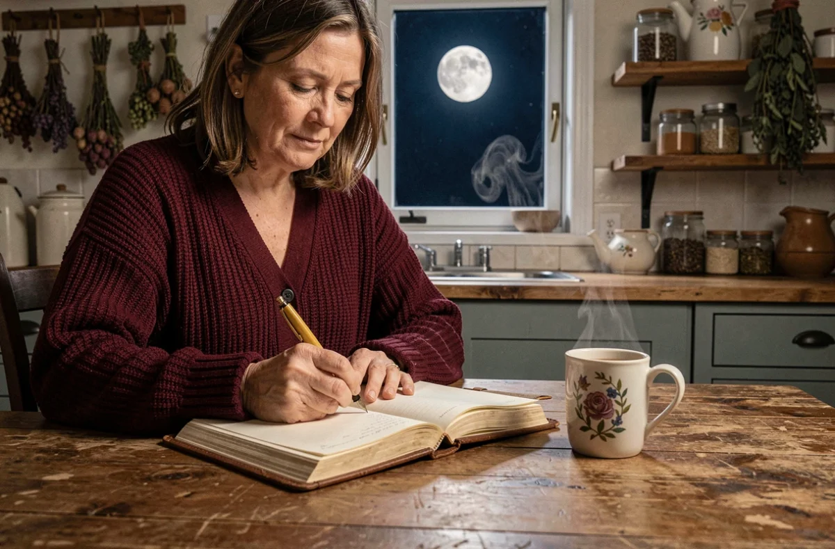 Femme écrivant dans un journal intime la nuit de la pleine lune de novembre, explorant son intuition à la lumière lunaire