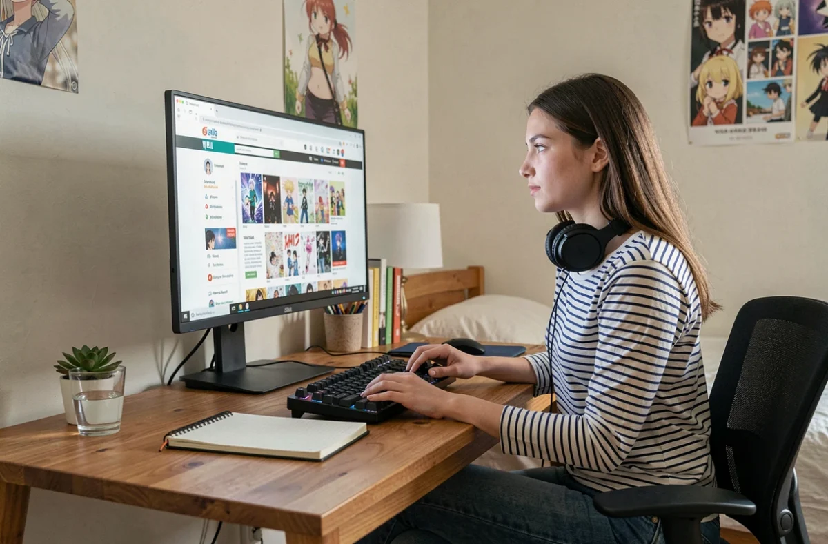 Jeune femme parcourant un site de lecture de manga en ligne depuis son bureau pour éviter les spoilers