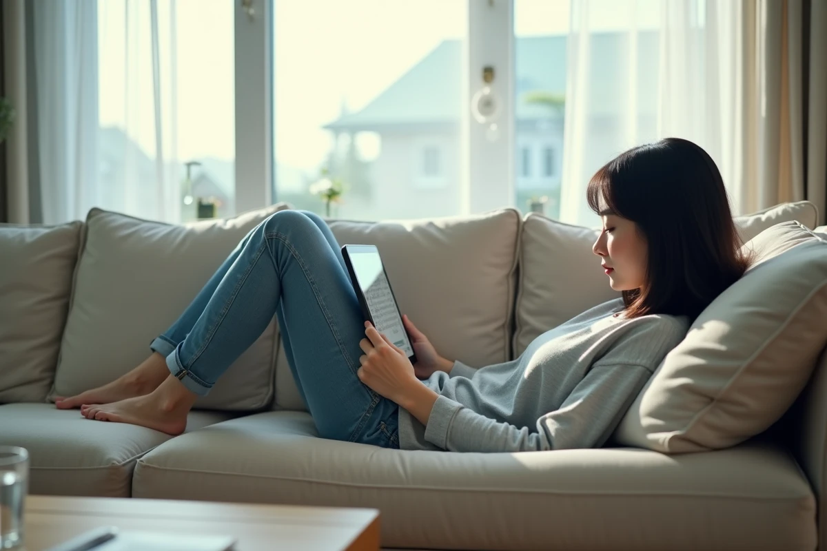 Femme lisant des scans manga sur une tablette allongée sur un canapé dans un salon moderne