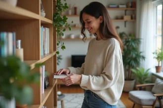 Femme souriante arrangeant des livres dans un salon moderne