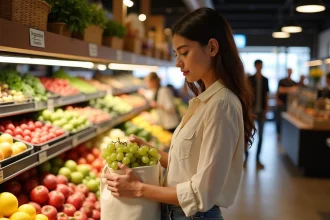 Jeune femme dans un marché de Montpellier avec panier fruits