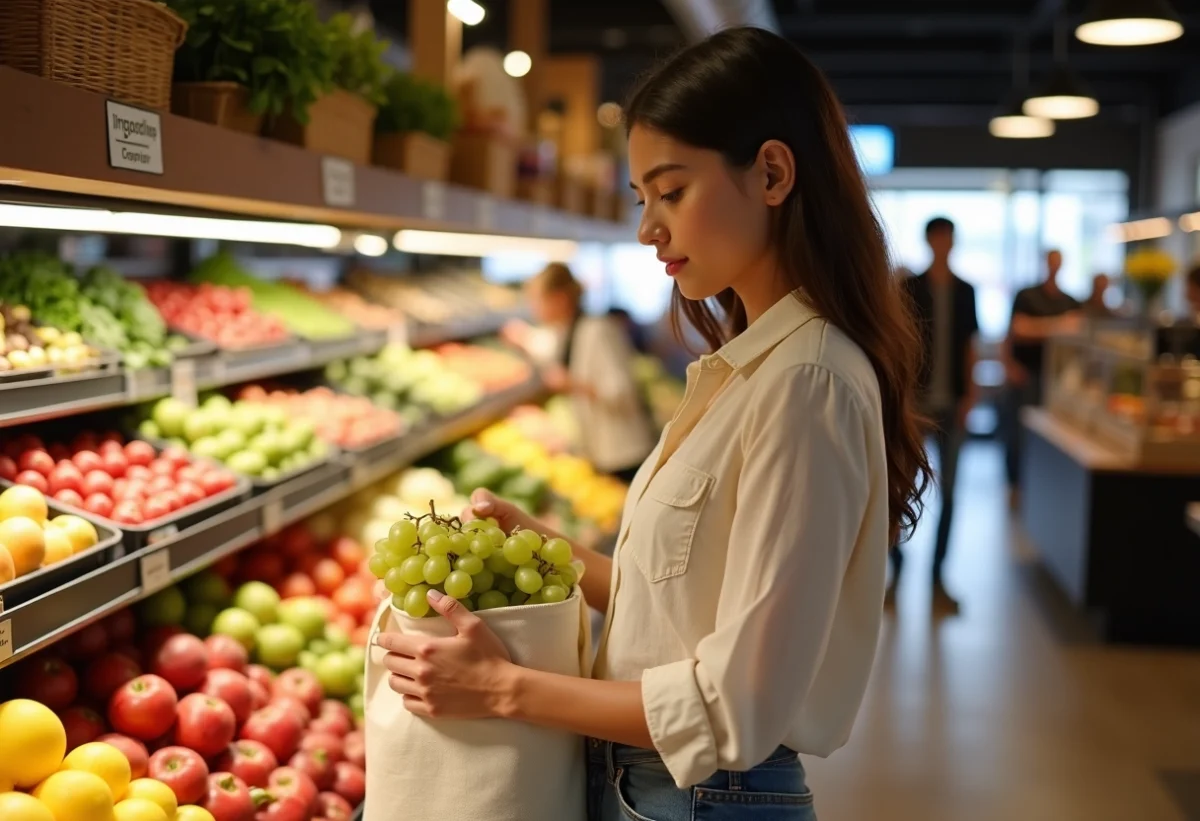 Jeune femme dans un marché de Montpellier avec panier fruits
