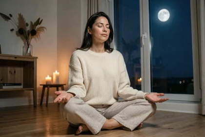 Femme en méditation intuitive sous la pleine lune de novembre, assise sur un plancher en bois près d'une fenêtre nocturne