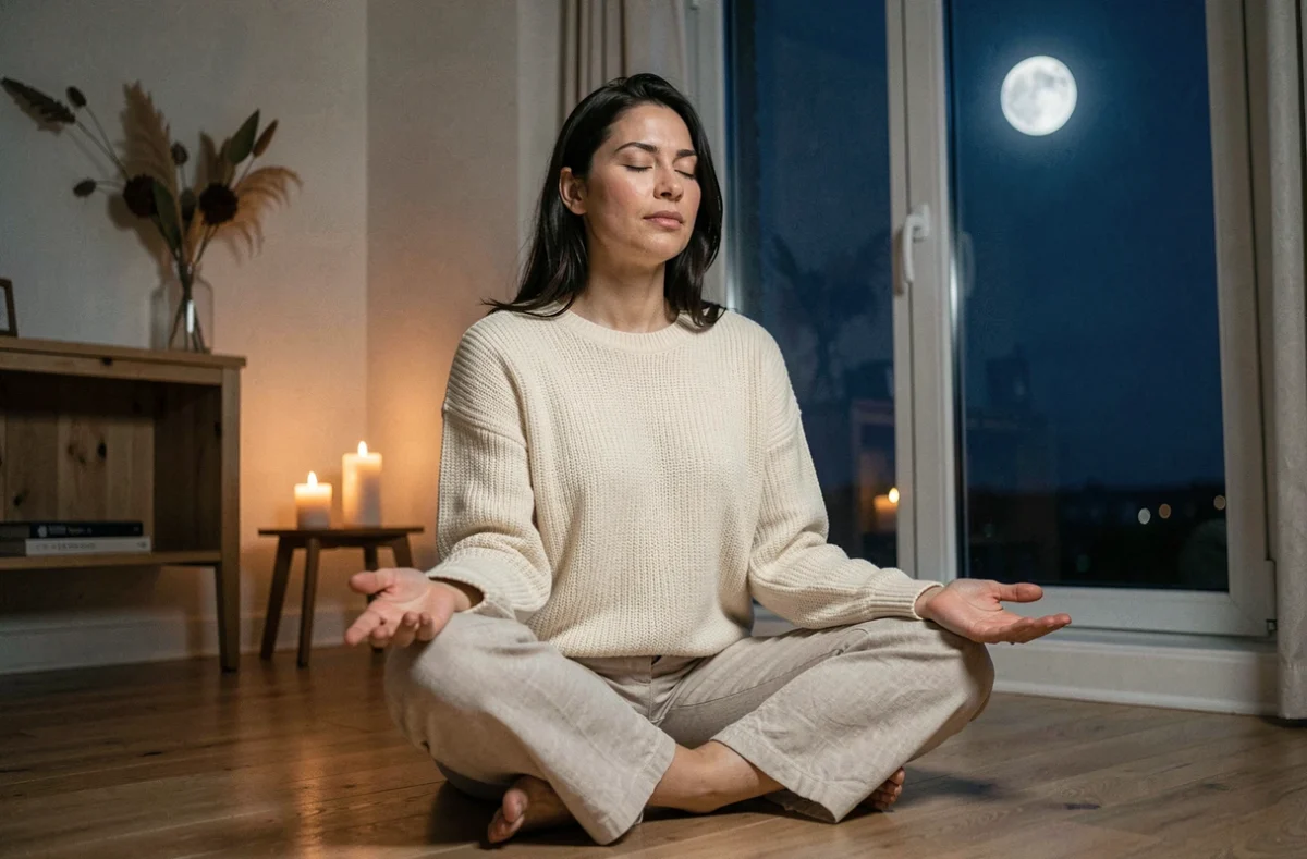 Femme en méditation intuitive sous la pleine lune de novembre, assise sur un plancher en bois près d'une fenêtre nocturne