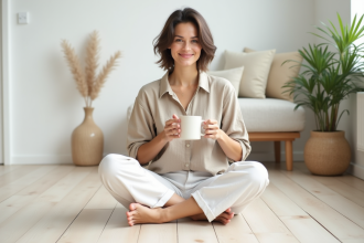 Femme détendue dans un salon minimaliste et lumineux