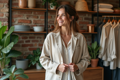 Femme élégante en vêtements bio dans boutique chaleureuse