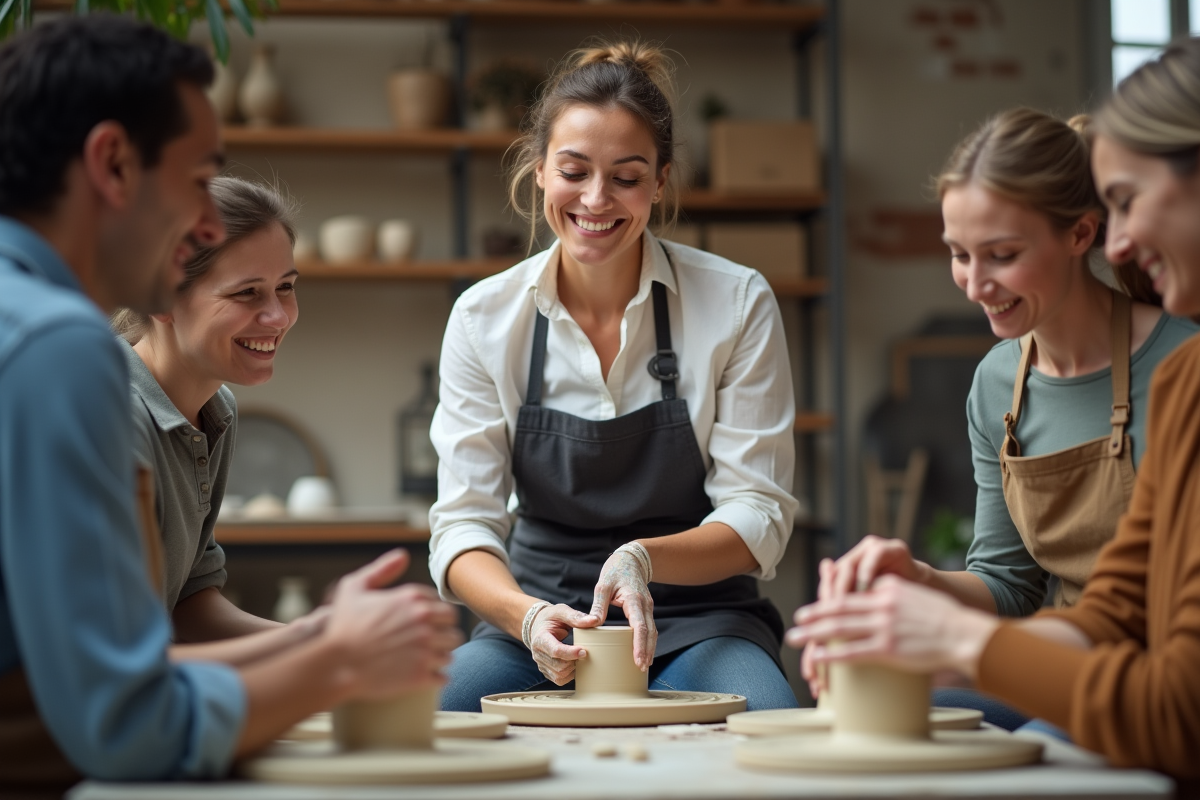 Femme guidant un groupe adulte sur un tour de poterie dans un atelier lumineux