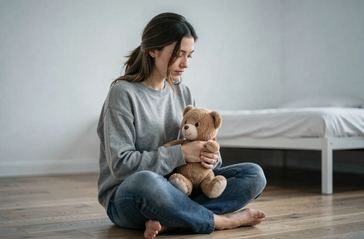 Femme adulte tenant un ourson d'enfance avec une expression nostalgique liée aux rêves récurrents