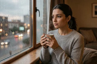 Femme pensive seule près d'une fenêtre pluvieuse tenant une tasse de thé, symbolisant la réflexion sur son couple et la signification de 21h21