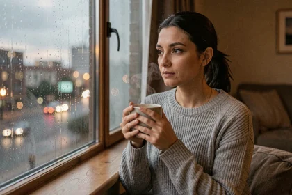 Femme pensive seule près d'une fenêtre pluvieuse tenant une tasse de thé, symbolisant la réflexion sur son couple et la signification de 21h21