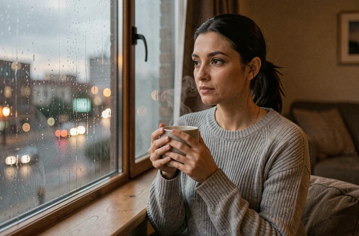 Femme pensive seule près d'une fenêtre pluvieuse tenant une tasse de thé, symbolisant la réflexion sur son couple et la signification de 21h21