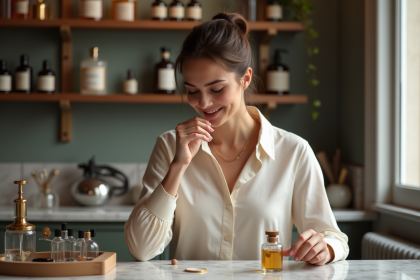 Femme parfum atelier parisien en train de sentir un échantillon