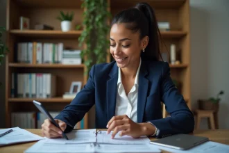 Femme préparant son entretien de naturalisation française avec des fiches de révision et une application audio sur smartphone