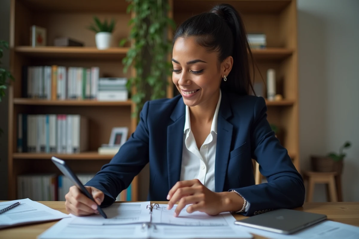 Femme préparant son entretien de naturalisation française avec des fiches de révision et une application audio sur smartphone