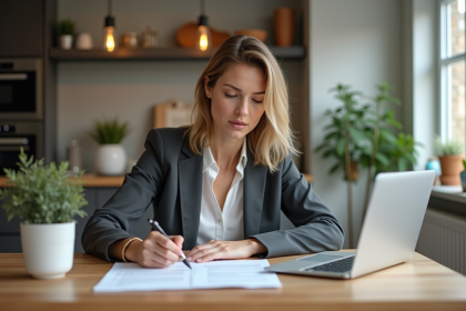Femme attentive étudiant des documents de prêt immobilier