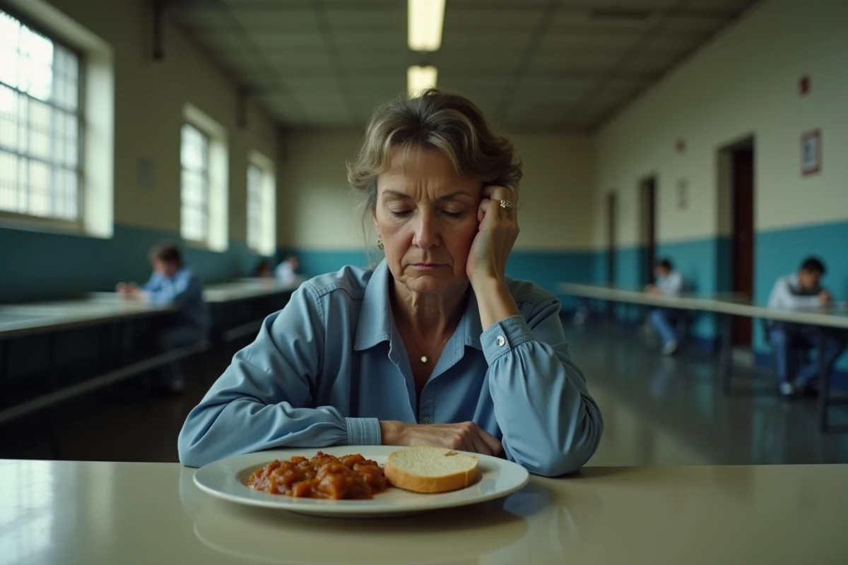Femme en prison mangeant seule à la table
