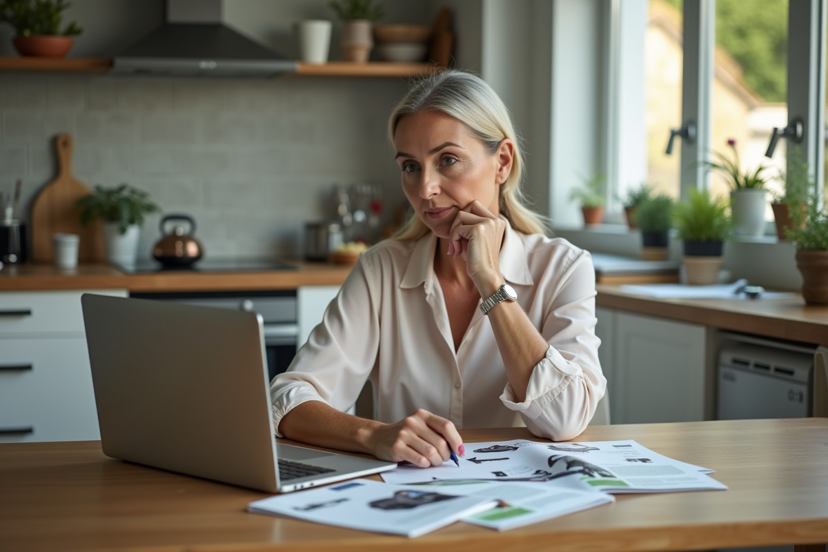 Femme consulte des brochures de scooters à la maison