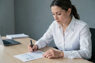 Femme professionnelle remplissant un bulletin de vote imprimé sur Word à son bureau de travail