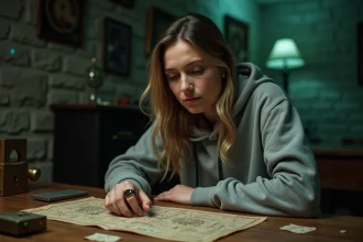 Femme concentrée qui résout une énigme dans une salle de room escape avec indices sur une table en bois