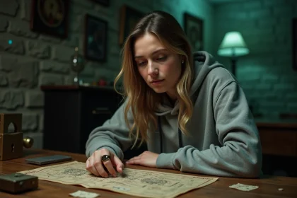 Femme concentrée qui résout une énigme dans une salle de room escape avec indices sur une table en bois