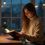 Jeune femme contemplative avec journal à 23h23
