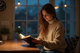 Jeune femme contemplative avec journal à 23h23
