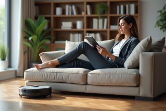 Femme détendue avec un robot aspirateur dans un salon moderne